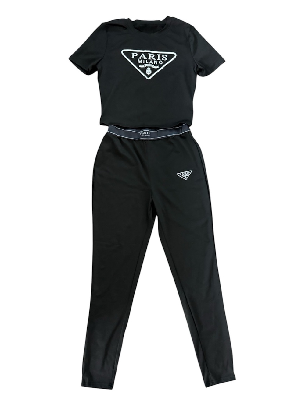 Paris Milano Women’s 2 Piece Tracksuit Set Black Short Sleeve Tee & Pants Size M